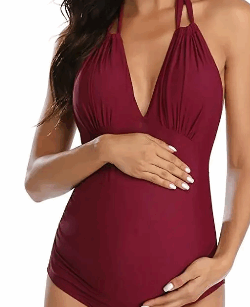 Jednoczęściowy kostium ciążowy z kopertowym dekoltem i marszczeniem
