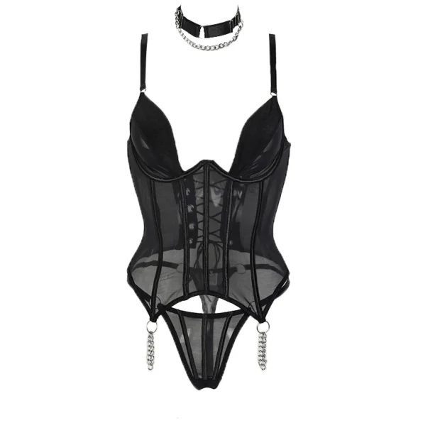 Transparentny gorset z łańcuszkami i chokerem