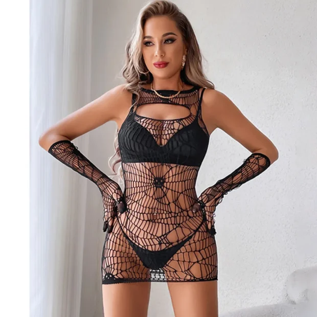 Sukienka typu bodystocking z koronką i ażurowym wzorem