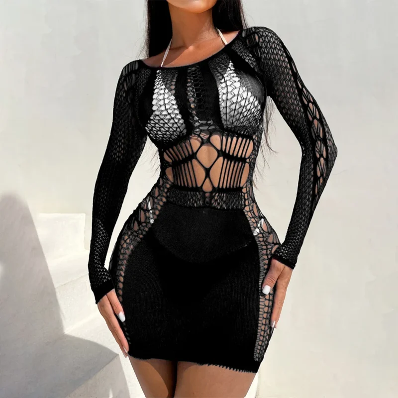 Bodystocking mini z długim rękawem i ażurowym wzorem