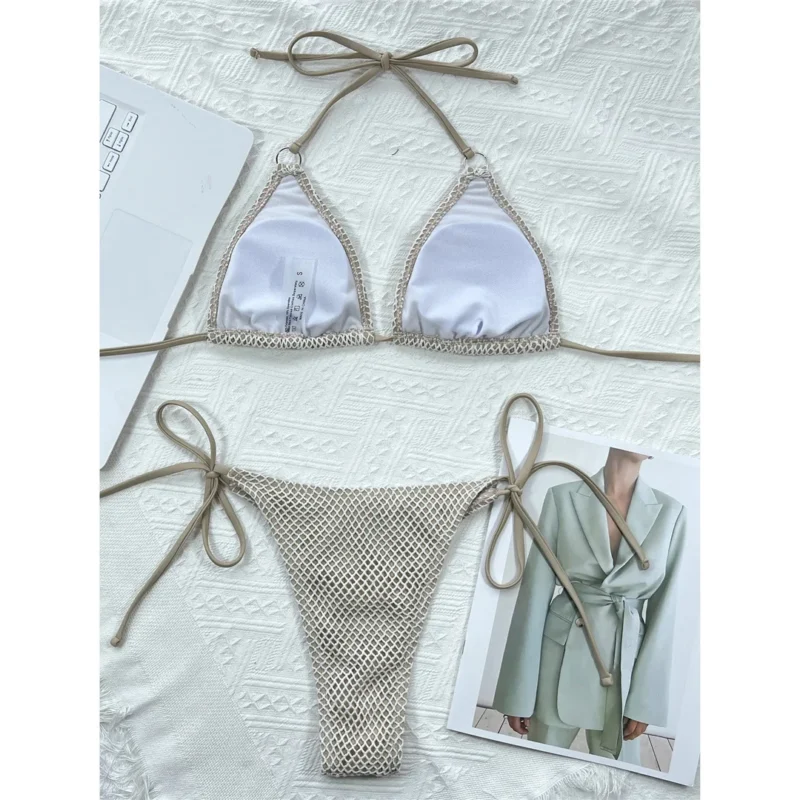 Bikini z siateczkowym wykończeniem i wiązaniami