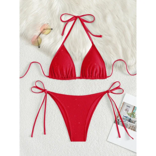 Błyszczące bikini z brokatowym efektem i wiązaniami