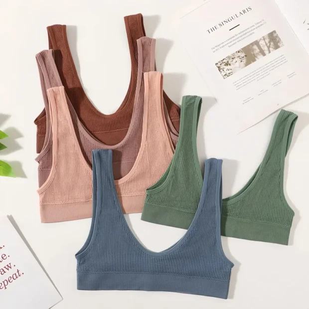 Bralette bezszwowy z prążkowanej dzianiny i głębokim dekoltem