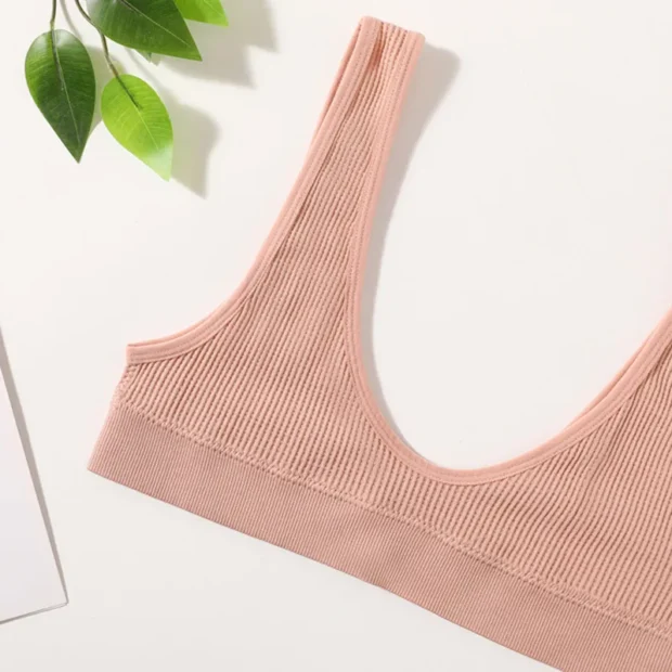 Bralette bezszwowy z prążkowanej dzianiny i głębokim dekoltem