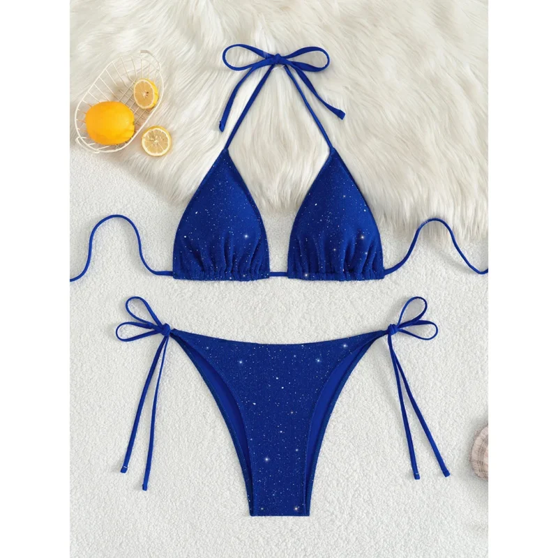 Błyszczące bikini z brokatowym efektem i wiązaniami
