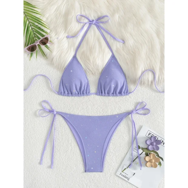 Błyszczące bikini z brokatowym efektem i wiązaniami