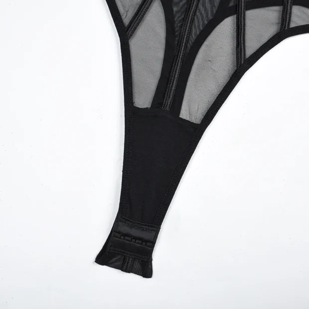 Body damskie czarne z transparentnego materiału, paskami