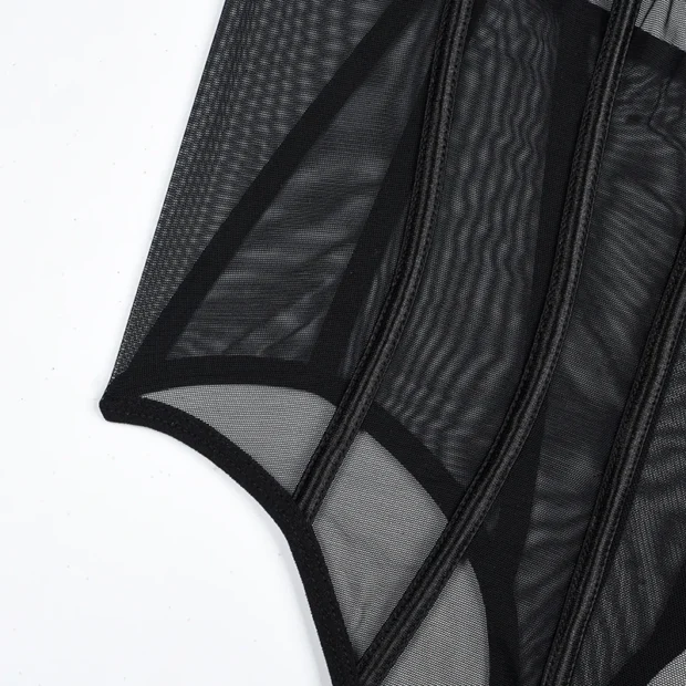 Body damskie czarne z transparentnego materiału, paskami