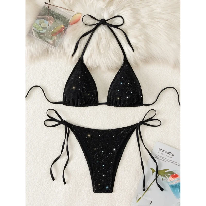 Błyszczące bikini z brokatowym efektem i wiązaniami