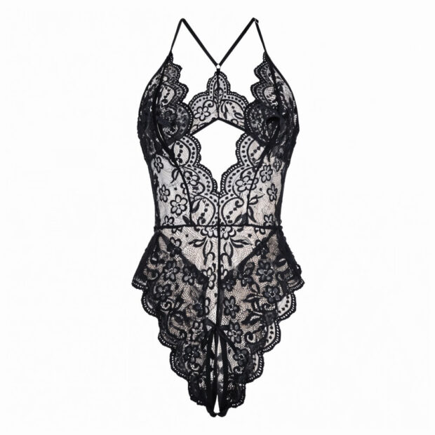 Body koronkowe z wycięciem na plecach i otwartym krokiem