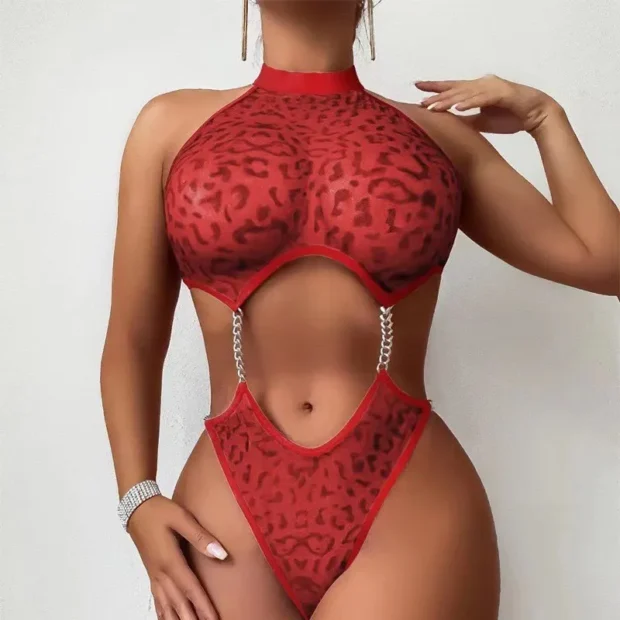 Body z siateczki w deseń zwierzęcy z topem halter i łańcuszkowymi łącznikami