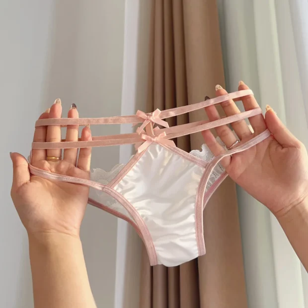 Majtki damskie z wielopaskowym wykończeniem i koronkowymi panelami