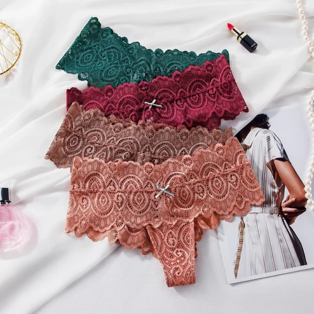 Majtki koronkowe damskie z falistymi krawędziami i kokardką