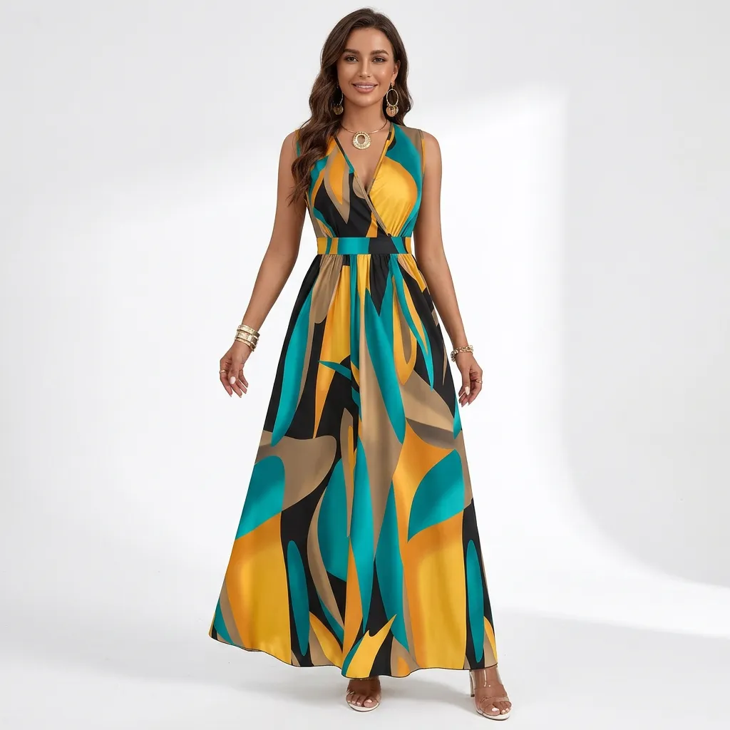 Sukienka maxi z kopertowym dekoltem i rozkloszowaną spódnicą