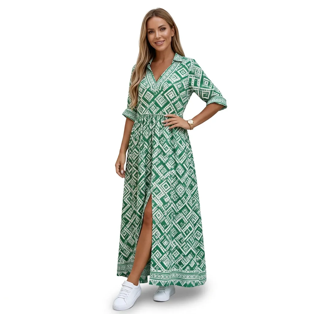 Długa sukienka koszulowa maxi z rozcięciem