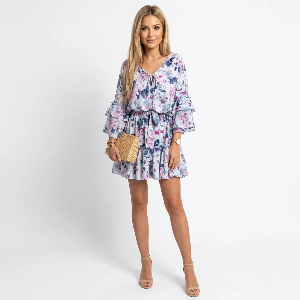 Sukienka mini z falbanami i wiązanym dekoltem