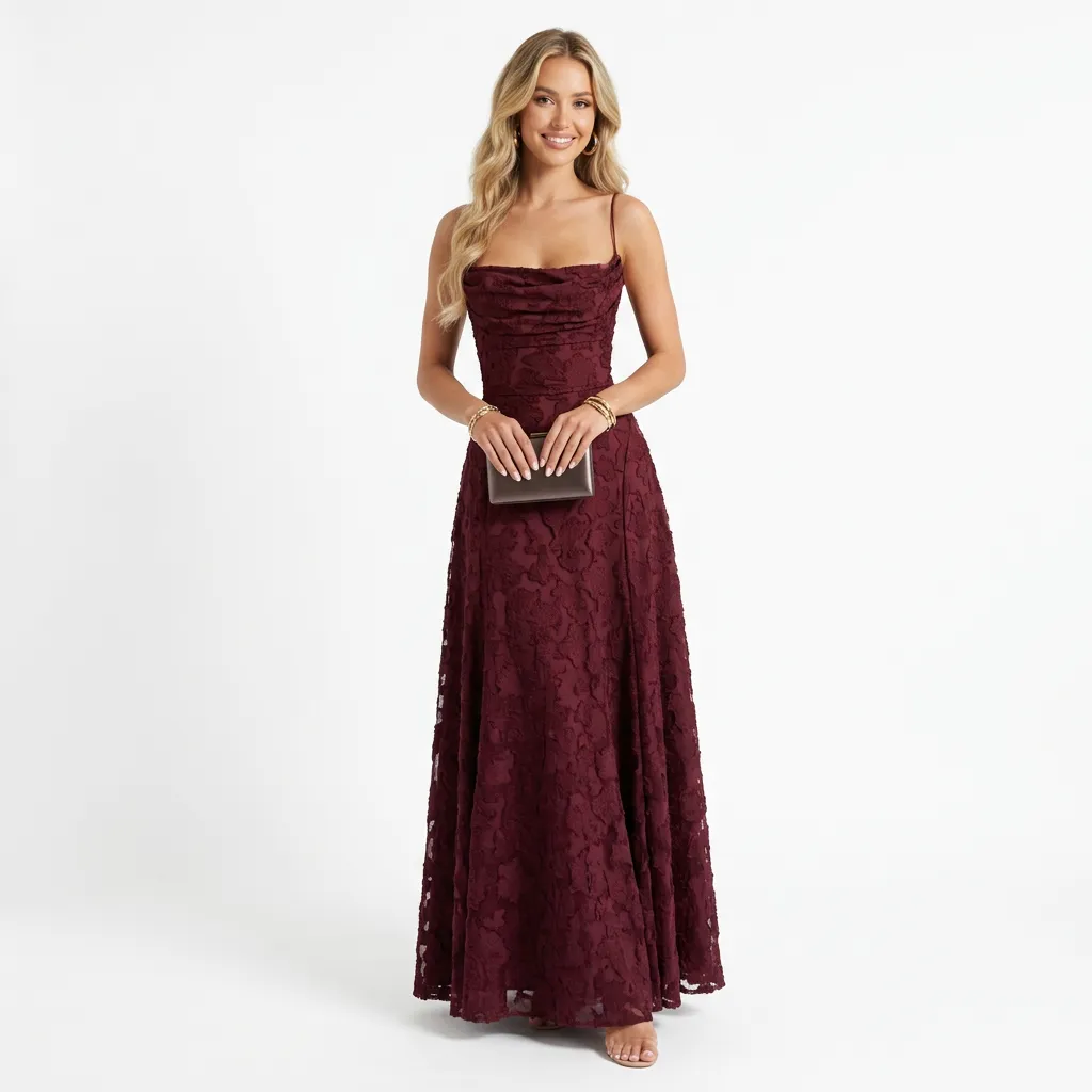 Długa suknia wieczorowa z koronkowym wzorem i wiązaniem na plecach