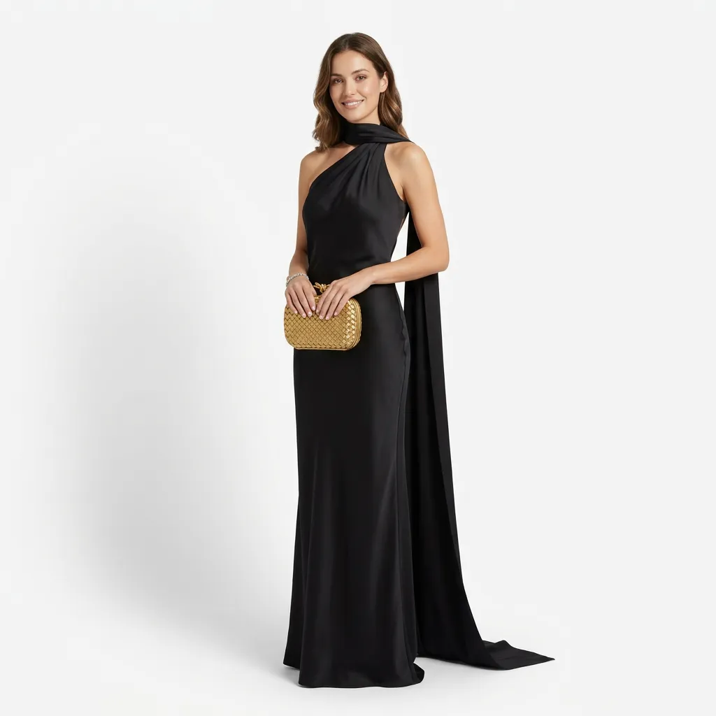 Suknia wieczorowa z długim szalem i odkrytymi plecami