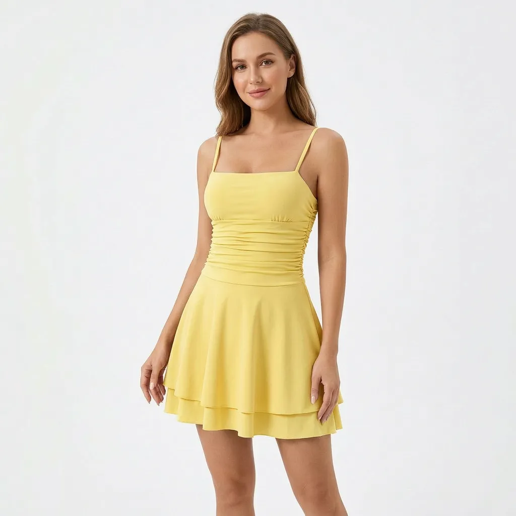 Sukienka mini z marszczonym stanikiem i warstwową spódnicą