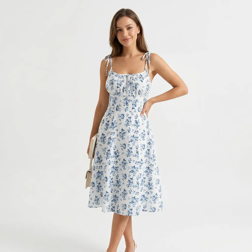 Sukienka na ramiączkach z marszczeniem i rozkloszowanym dołem