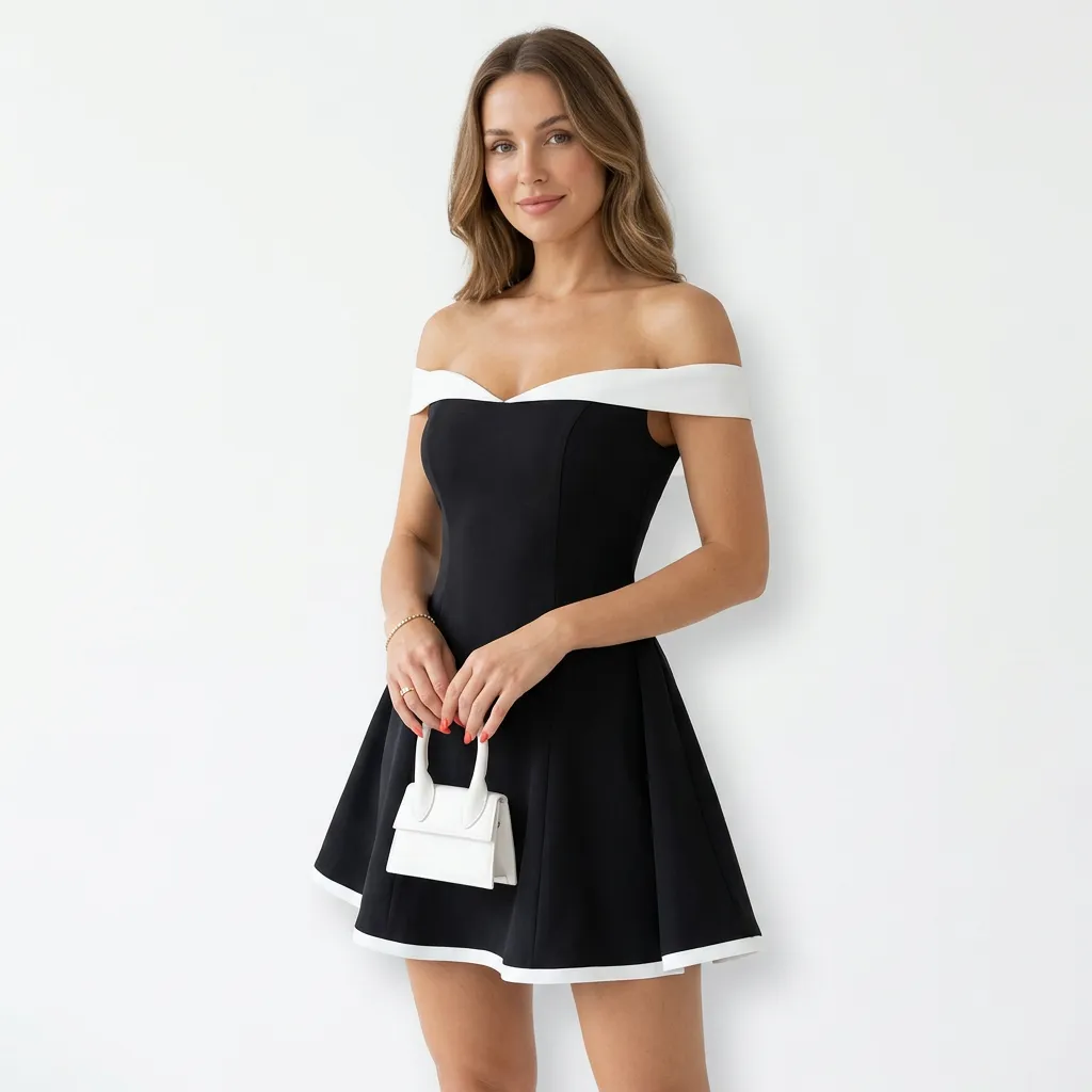 Krótka sukienka koktajlowa z odkrytymi ramionami i rozkloszowanym dołem