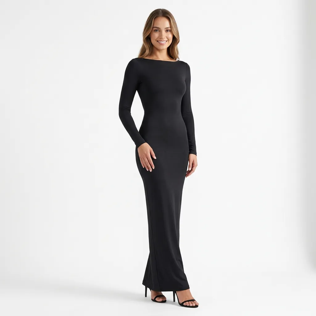 Długa dopasowana sukienka z głębokimi odkrytymi plecami