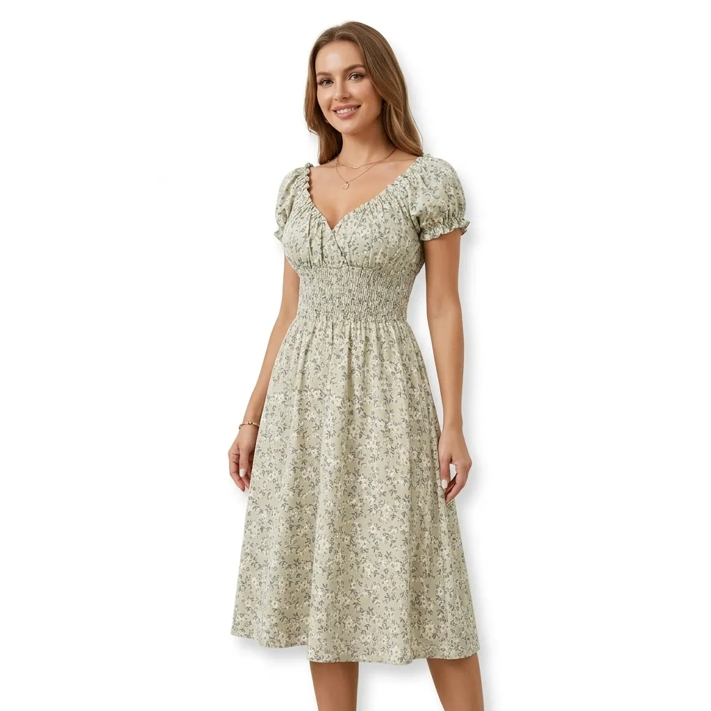 Sukienka midi z marszczeniem w talii i bufkami