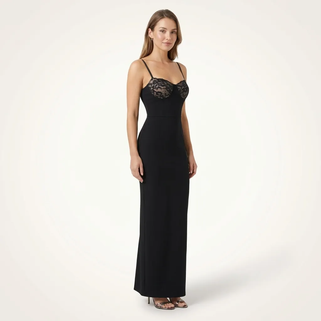 Długa sukienka wieczorowa z koronkowym dekoltem