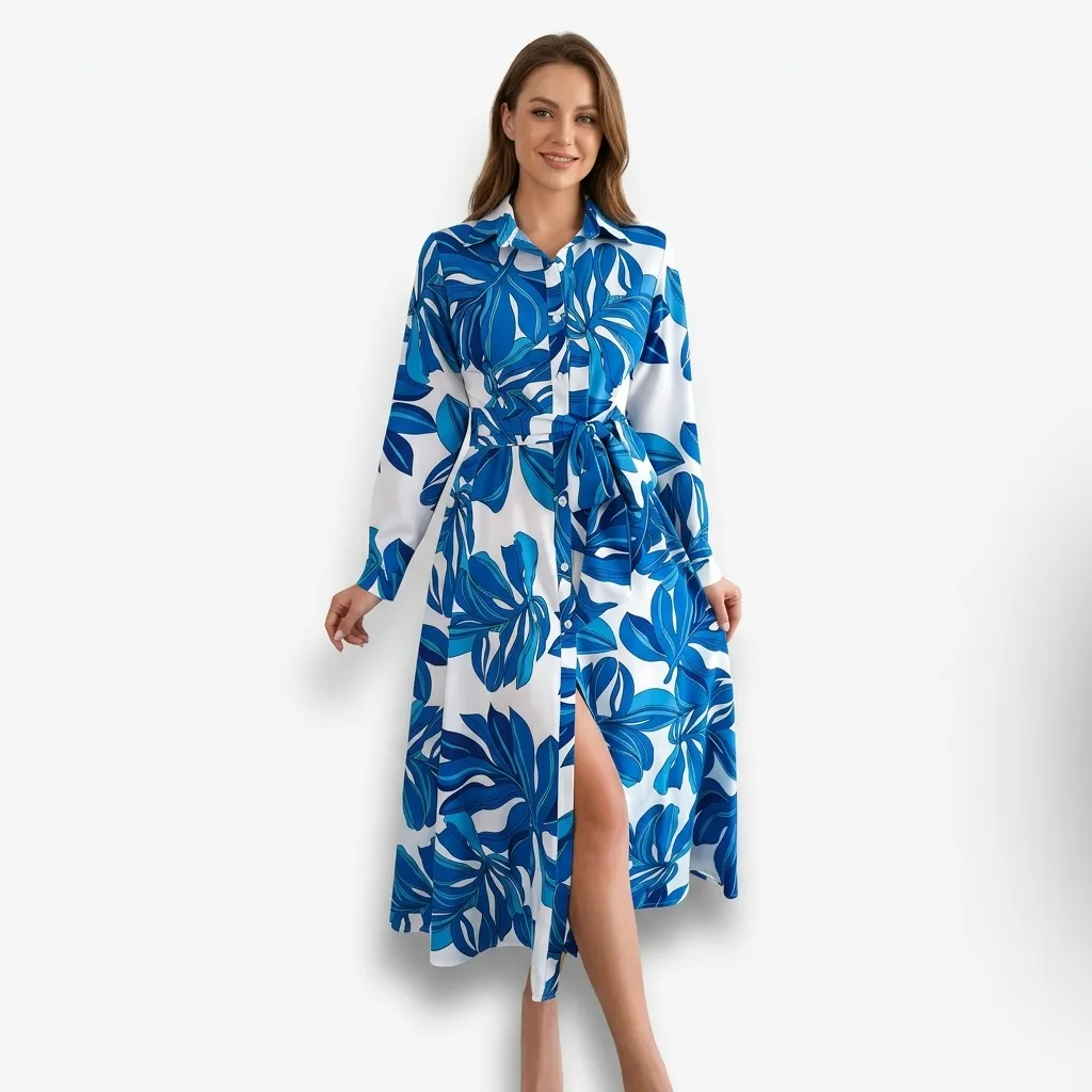 Sukienka koszulowa maxi z nadrukiem i wiązanym pasem