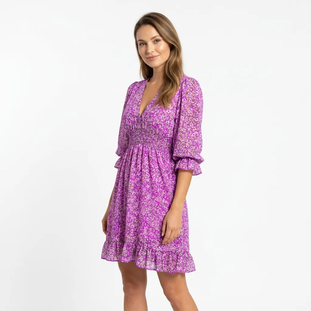 Sukienka rozkloszowana z marszczoną talią i dekoltem V