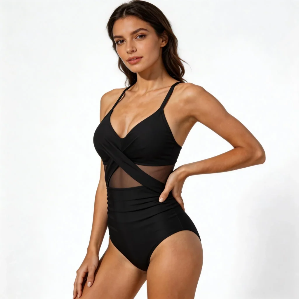 Jednoczęściowy kostium kąpielowy z siateczką i krzyżowanym przodem