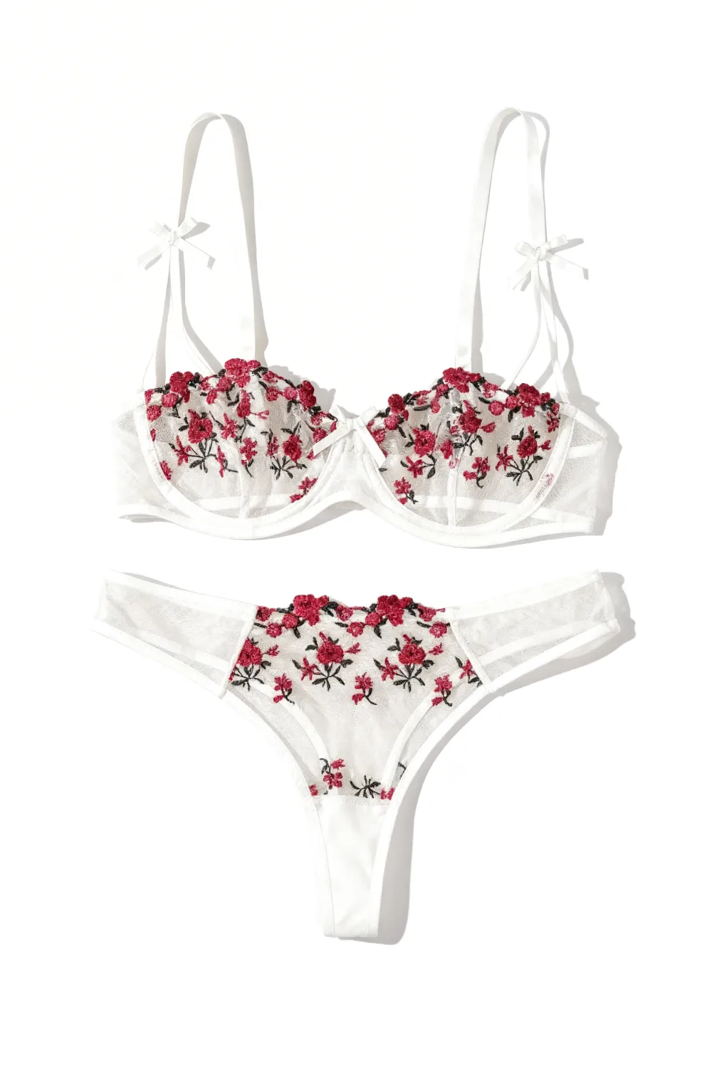 Komplet bielizny z haftowanymi kwiatami i przezroczystym tiulem