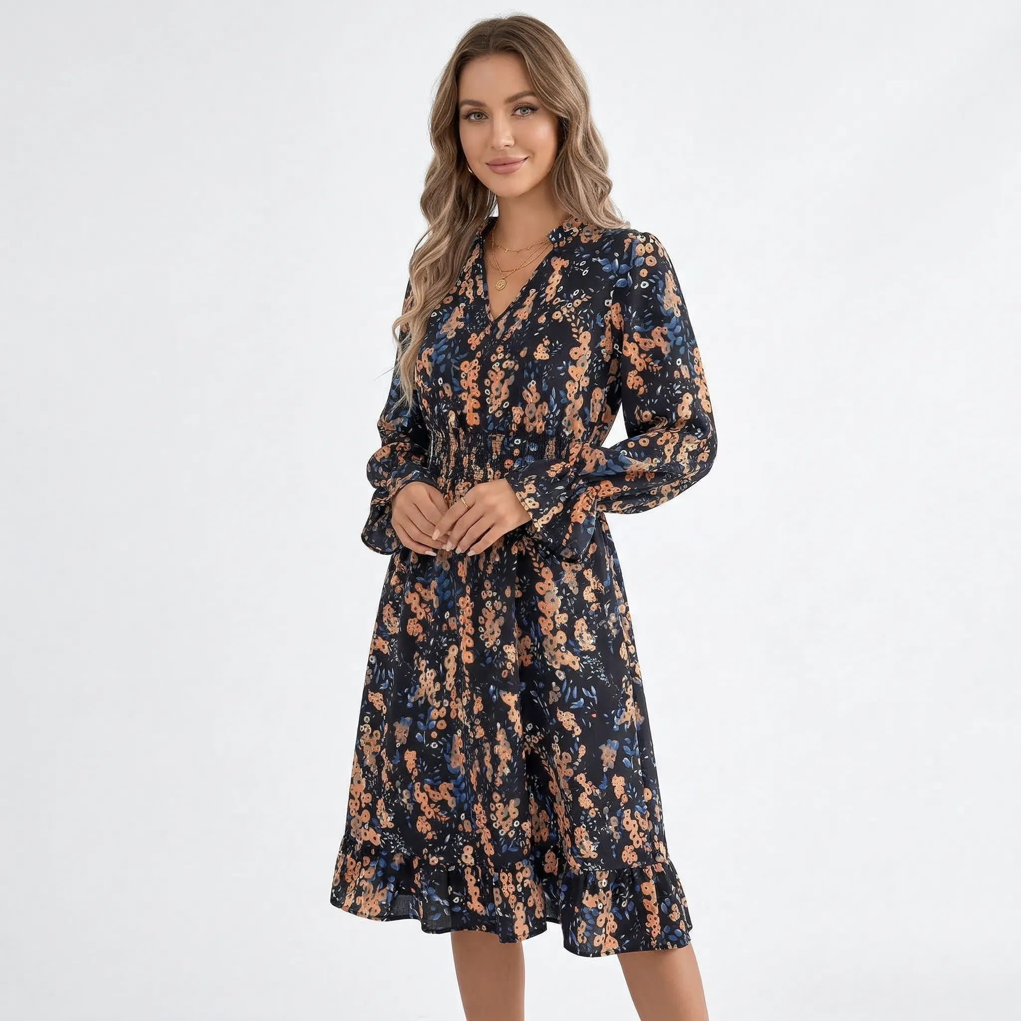 Sukienka midi z marszczoną talią i falbanami