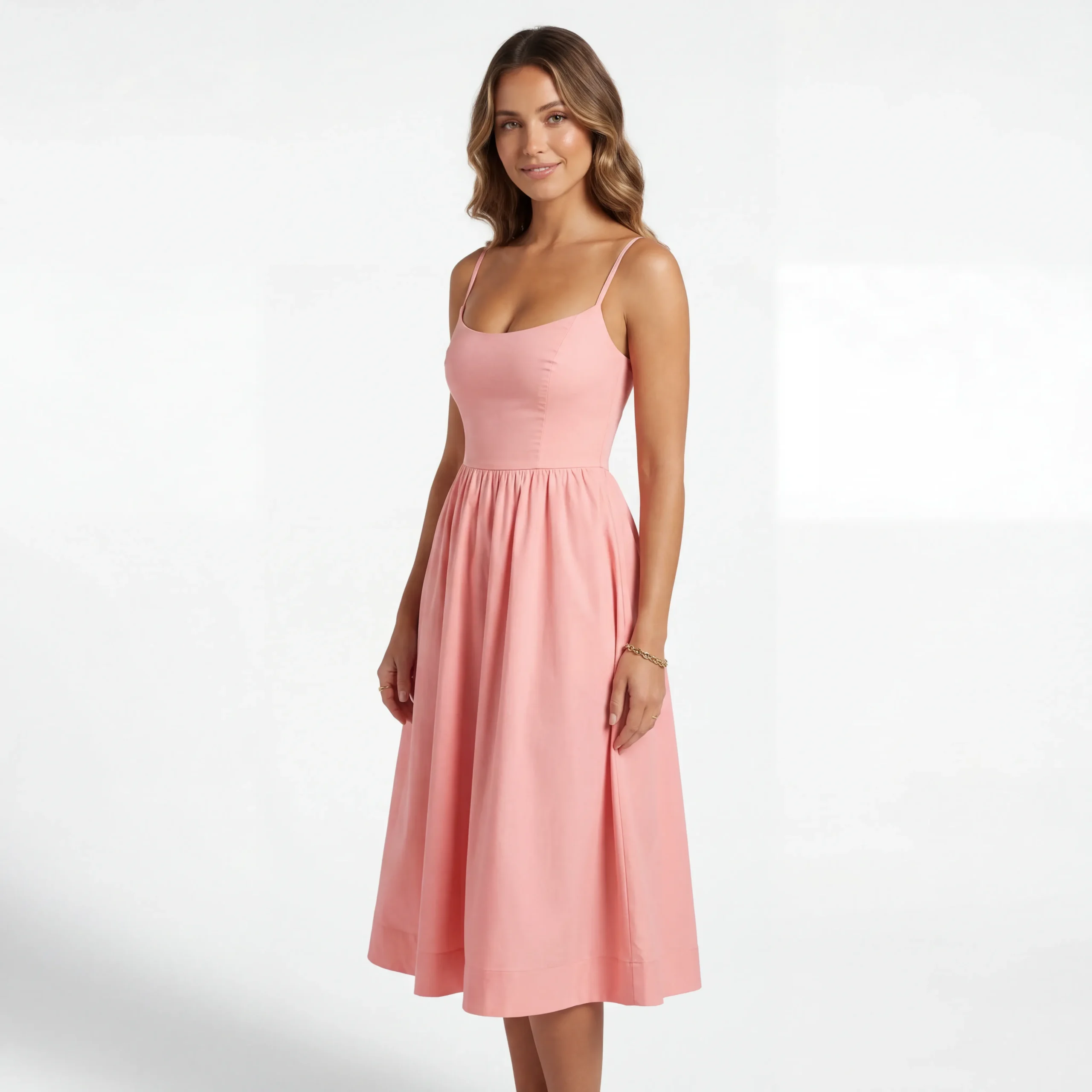 Sukienka midi na cienkich ramiączkach z rozkloszowaną spódnicą