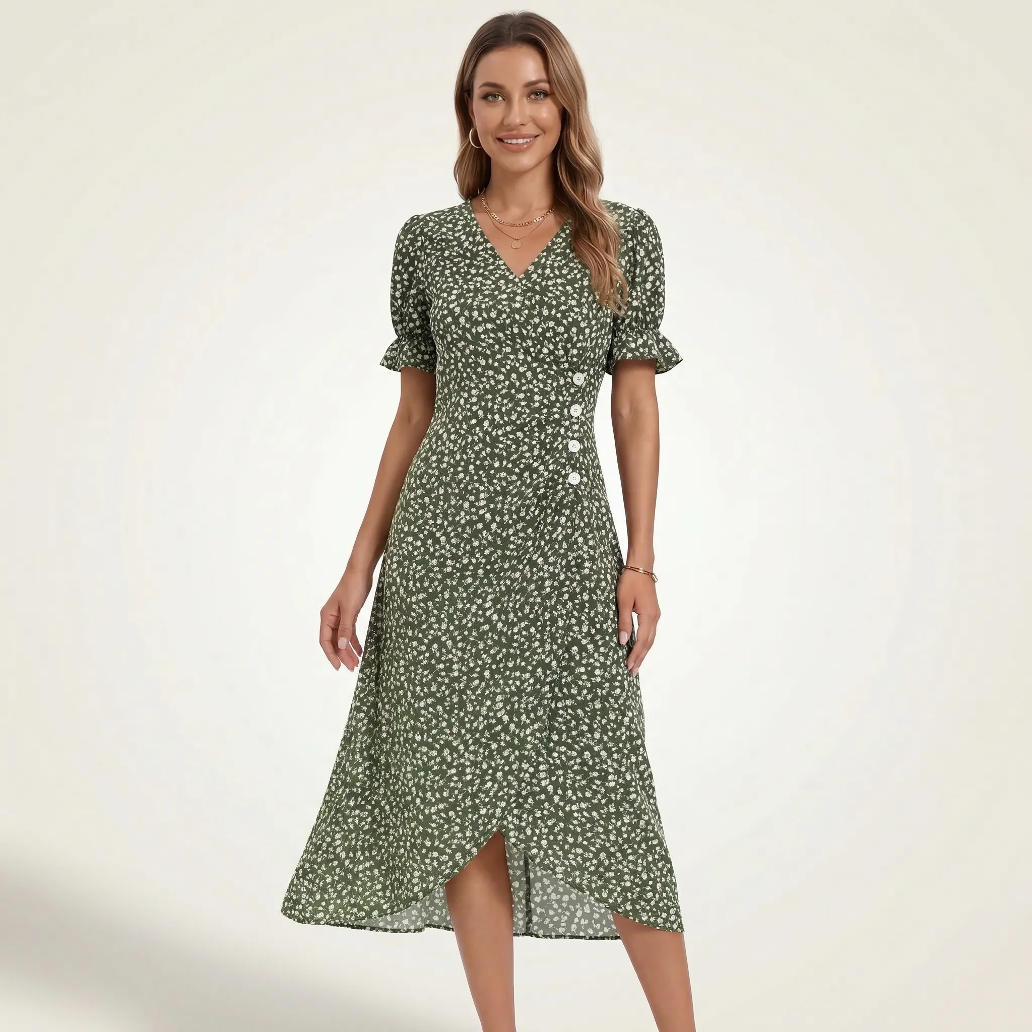 Sukienka kopertowa midi z falbankami i ozdobnymi guziczkami