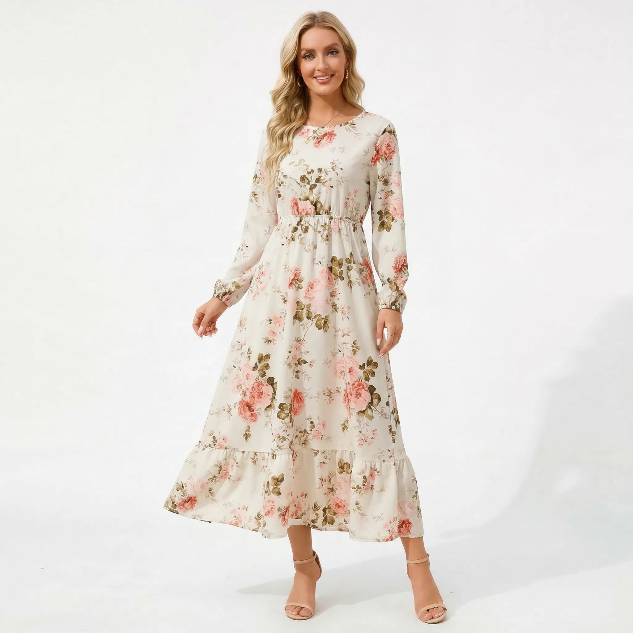 Sukienka maxi z marszczeniem w talii i falbaną