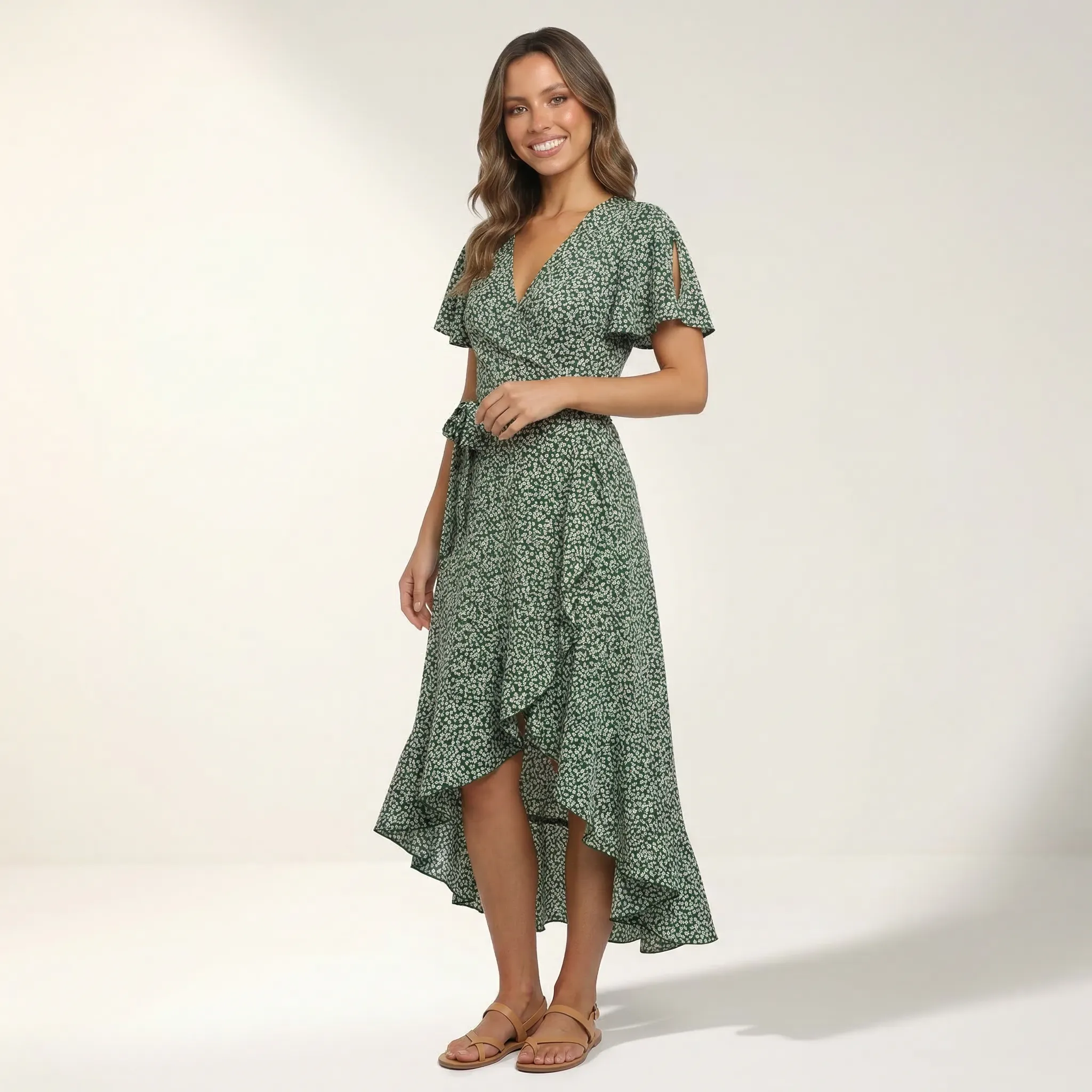 Sukienka kopertowa maxi z falbanami