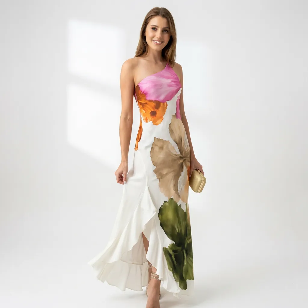 Suknia maxi na jedno ramię z efektownym kwiatowym nadrukiem