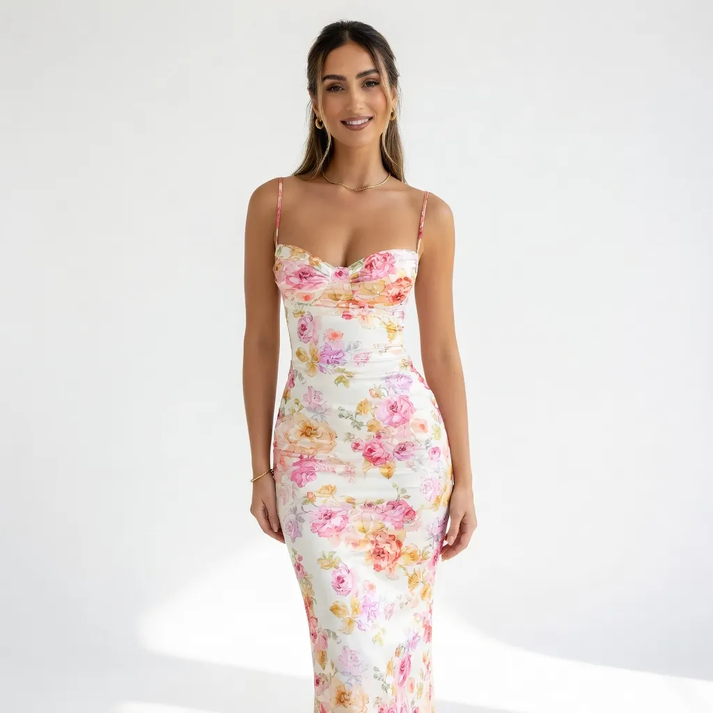 Dopasowana sukienka maxi z miseczkami i cienkimi ramiączkami