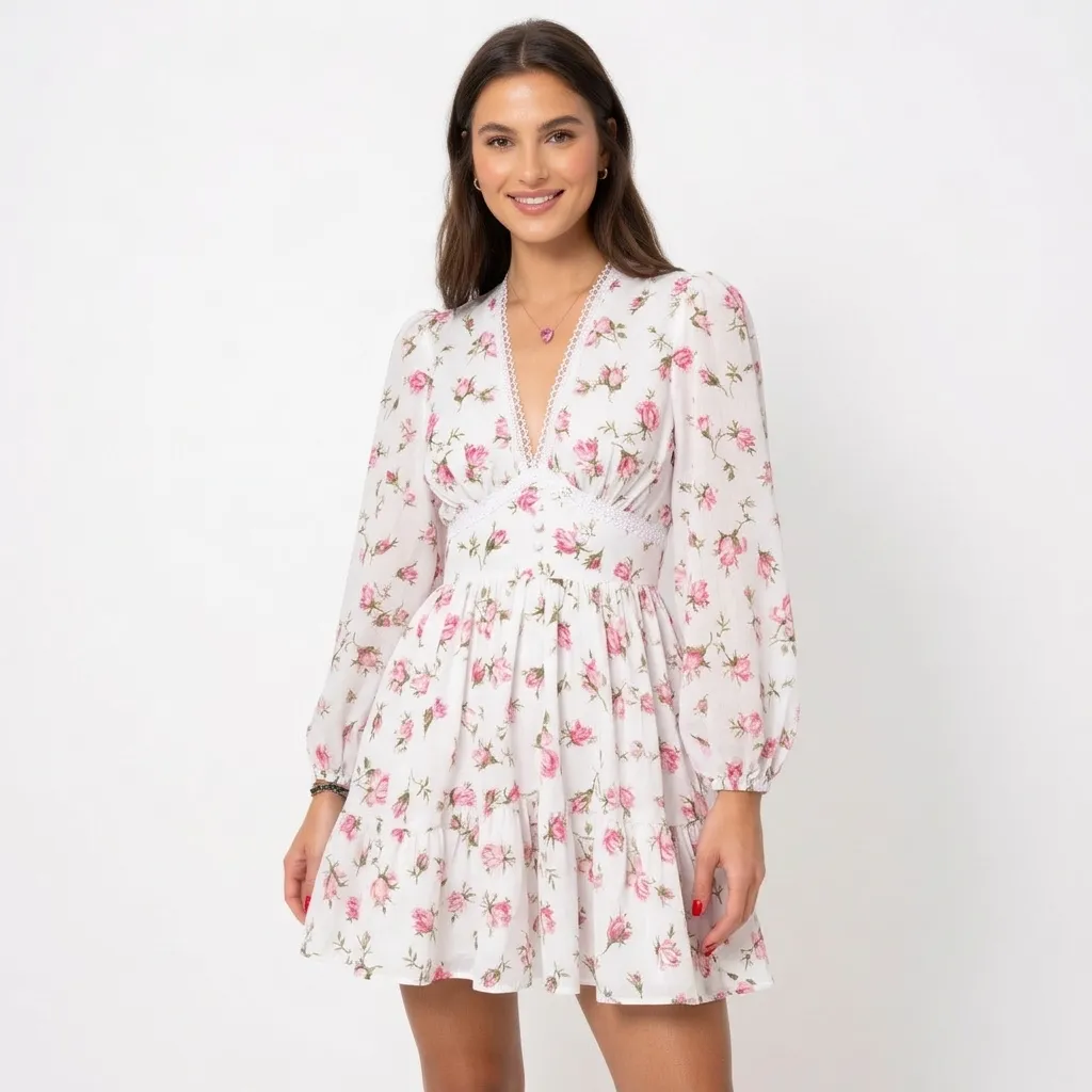 Rozkloszowana sukienka mini z dekoltem w serek i koronkową lamówką