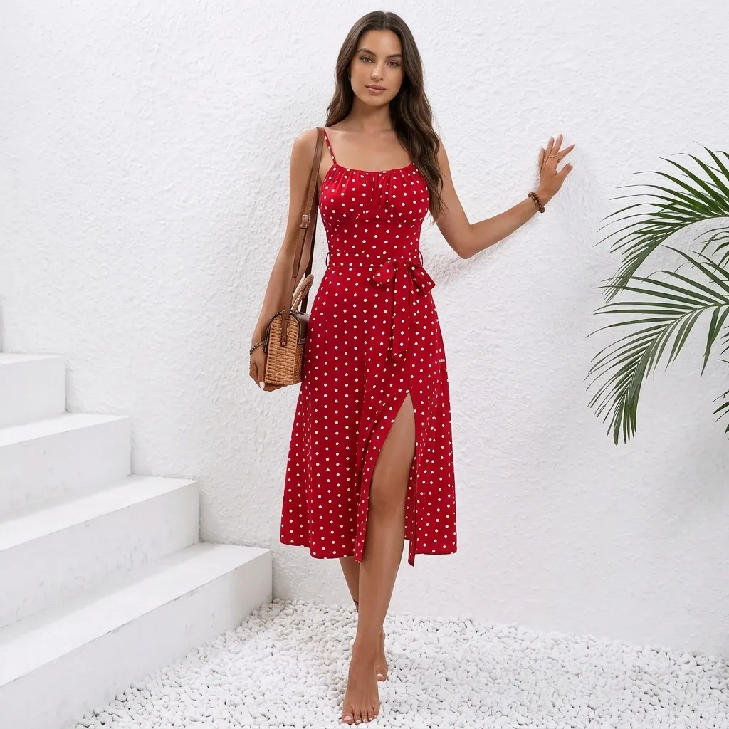 Sukienka midi na cienkich ramiączkach z rozcięciem