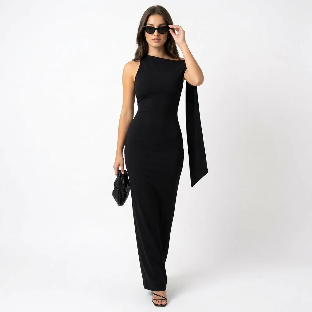 Długa suknia wieczorowa z asymetrycznym wiązaniem na ramieniu