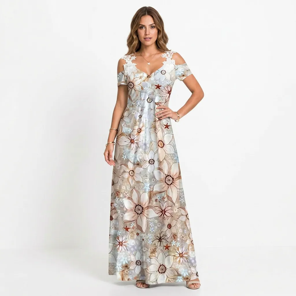 Sukienka maxi z odsłoniętymi ramionami i koronkową aplikacją