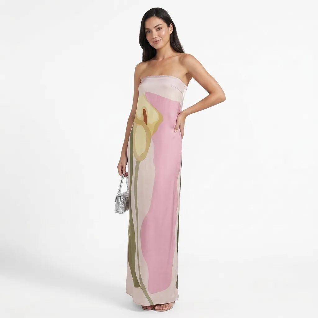 Sukienka maxi bez ramiączek z dużym motywem kwiatowym