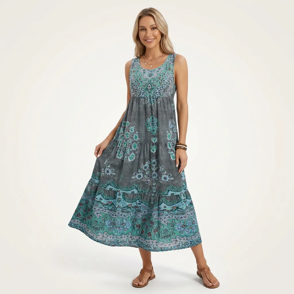 Sukienka maxi boho z falbanami i luźnym krojem