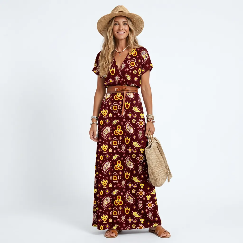 Długa sukienka maxi z dekoltem V i rozcięciem