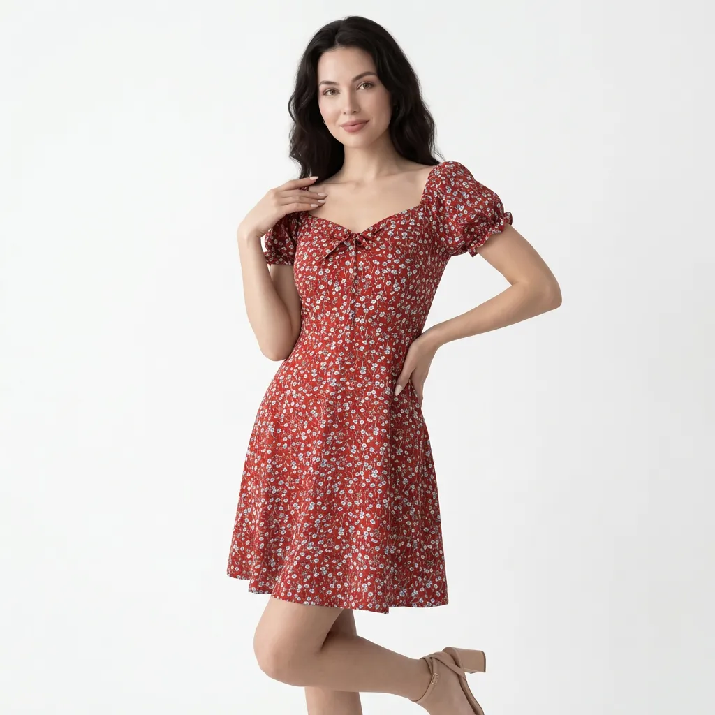 Sukienka mini z bufkami i wiązanym dekoltem