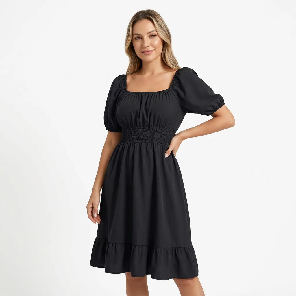 Sukienka midi z kwadratowym dekoltem i marszczonym pasem