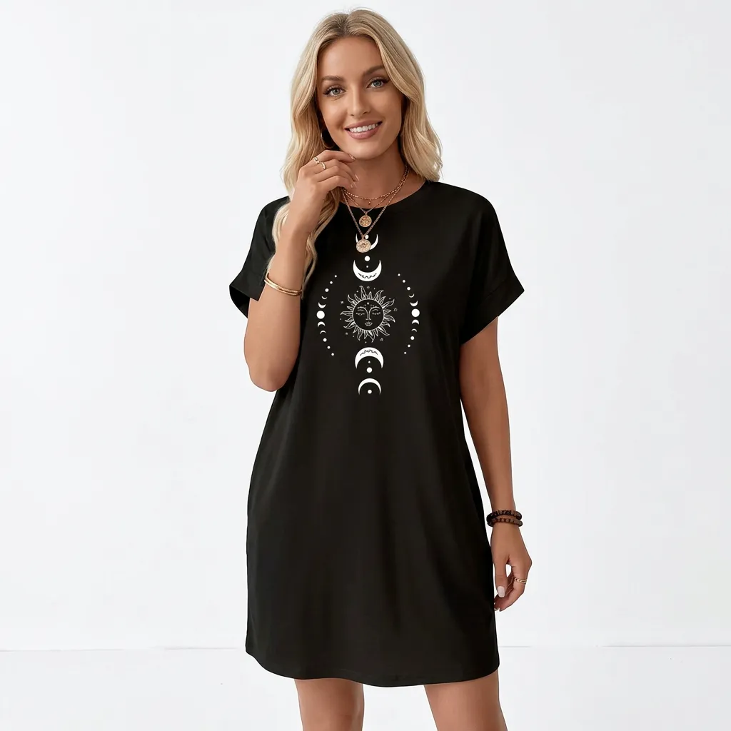 Sukienka t-shirtowa z nadrukiem słoneczno-księżycowym