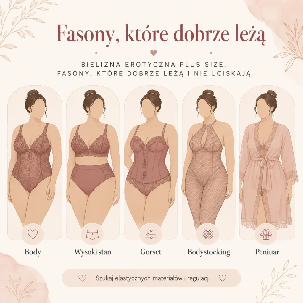 Bielizna erotyczna plus size: fasony, które dobrze leżą i nie uciskają 1 Fasony, które dobrze leżą to m.in body, wysoki stan, gorsety, bodystocking czy peniuary
